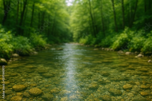 Flowing Stream Through Lush Green Forest With Mossy Rocks and Serene Atmosphe...