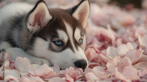 Adorable husky pup resting on soft petals, blending strength and gentleness