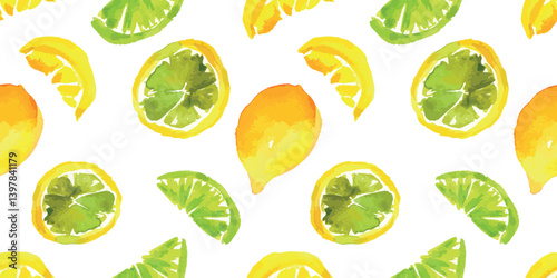 Seamless pattern of watercolor drawings of lemon, lime, citrus fruit, whole, half, sliced, vector background, paper, fabric, wallpaper, textile