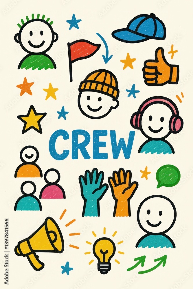 Playful Doodle Art Featuring Diverse Crew and Expressive Icons Playful Doodle Art Featuring Diverse Crew and Expressive Icons