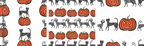 Seamless patterns of drawn decorative halloween pumpkins and cats, vector background, paper, wallpaper, fabric