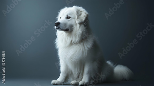 Adorable white fluffy dog posing against a gray studio backdrop