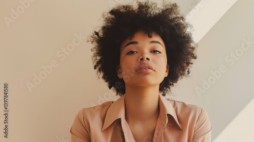 Obraz na płótnie A young woman with curly hair is looking at the camera. She is wearing a brown shirt and has a serious expression on her face. w salonie