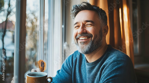 Adult man sitting by the window, enjoying a cup of coffee and smiling contently at home