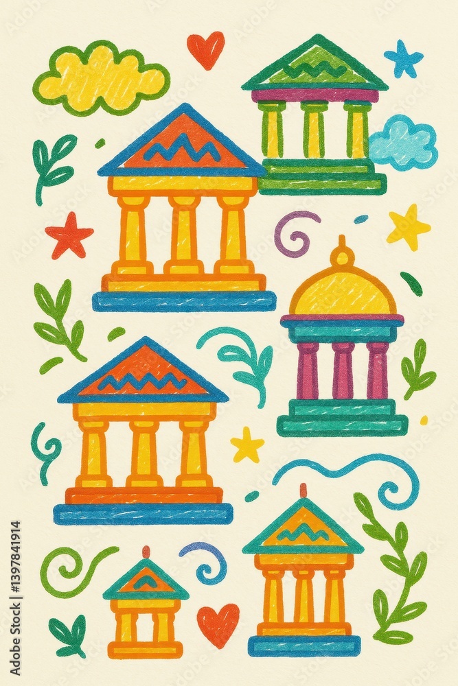 Fototapeta premium Colorful Temple Doodles with Whimsical Elements and Simple Designs