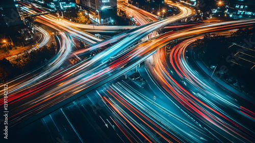 Aerial view of a bustling city intersection at night, filled with lights and movement