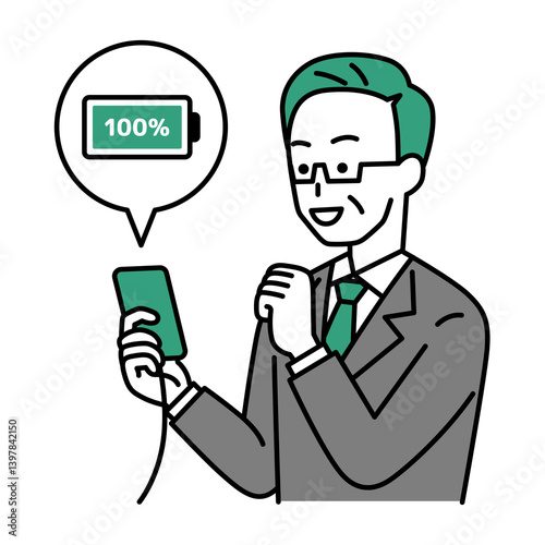 スマートフォンを充電する中年のスーツの男性