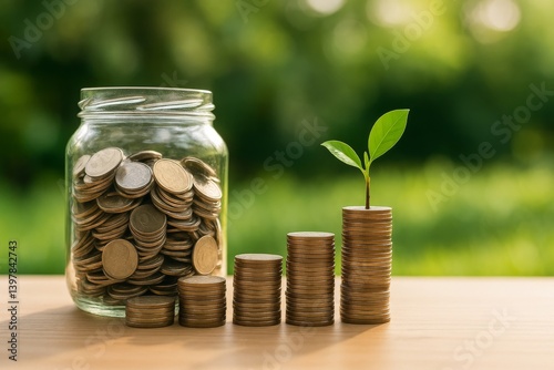 Growth of Financial Investment as Plants Emerge From Coins Showing Prosperity...
