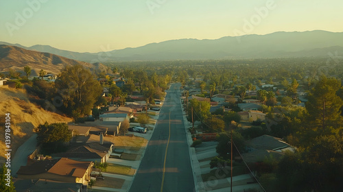 Aerial view of suburban streets in California's Simi Valley at late afternoon