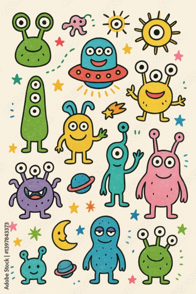 Obraz premium Colorful Alien Doodles Featuring Whimsical Creatures and Objects