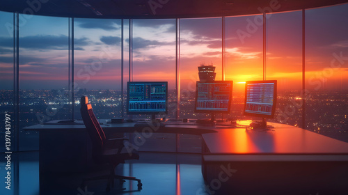 Air traffic control tower overseeing airport operations during dusk