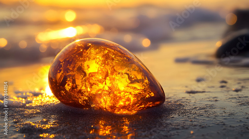 Amber Stone Shining in Sunset on the Beach