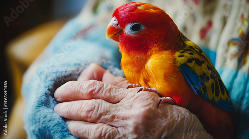 An elderly person shares a special moment with their pet bird, symbolizing companionship and care in a cozy setting