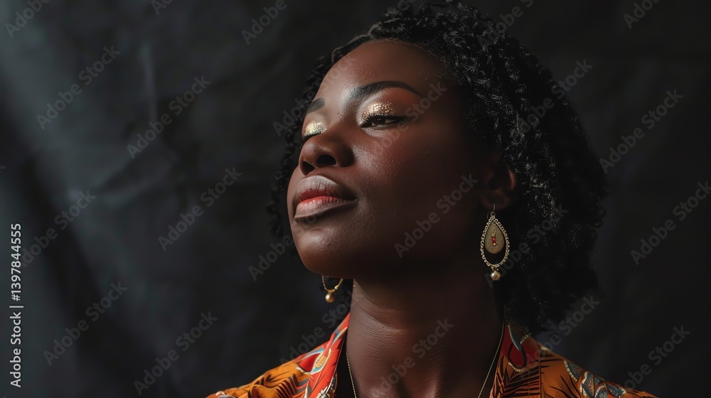 Thoughtful young African woman with eyes closed, wearing a colorful shirt and traditional earrings.