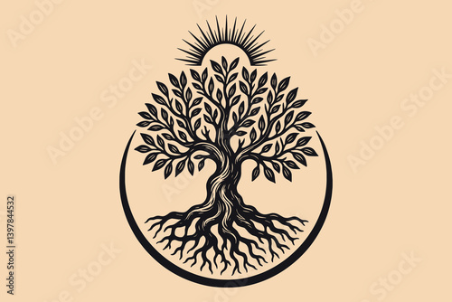 Black and white woodcut tree with sun in circular frame