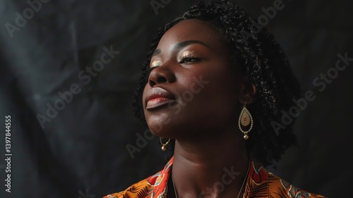 Obraz na płótnie Thoughtful young African woman with eyes closed, wearing a colorful shirt and traditional earrings. w salonie