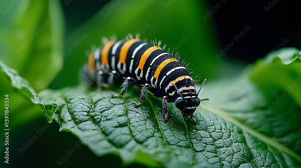 Monarch butterfly caterpillar crawling on textured green leaf, displaying distinctive black, white and yellow striped pattern in sharp macro photography. Monarch butterfly caterpillar crawling on textured green leaf, displaying distinctive black, white and yellow striped pattern in sharp macro photography.