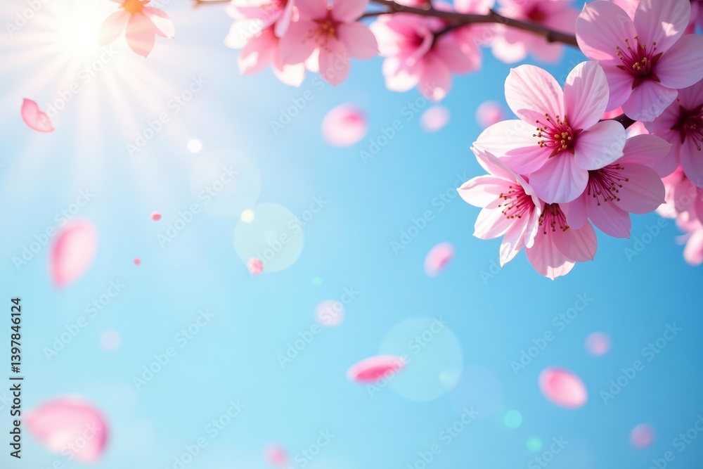 Tranquil scene of falling sakura petals in the sunlight against blue sky, serene, petals, nature Tranquil scene of falling sakura petals in the sunlight against blue sky, serene, petals, nature