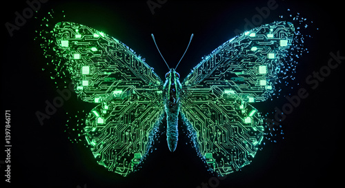 Electronic Butterfly: A digital circuit design takes flight, illustrating technology's beauty with glowing green and blue components.
