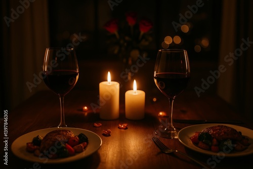 Romantic Dinner Setting With Candles and Red Roses at a Cozy Table