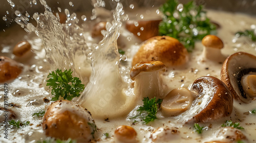 Assorted fresh mushrooms splashing into a rich and creamy soup