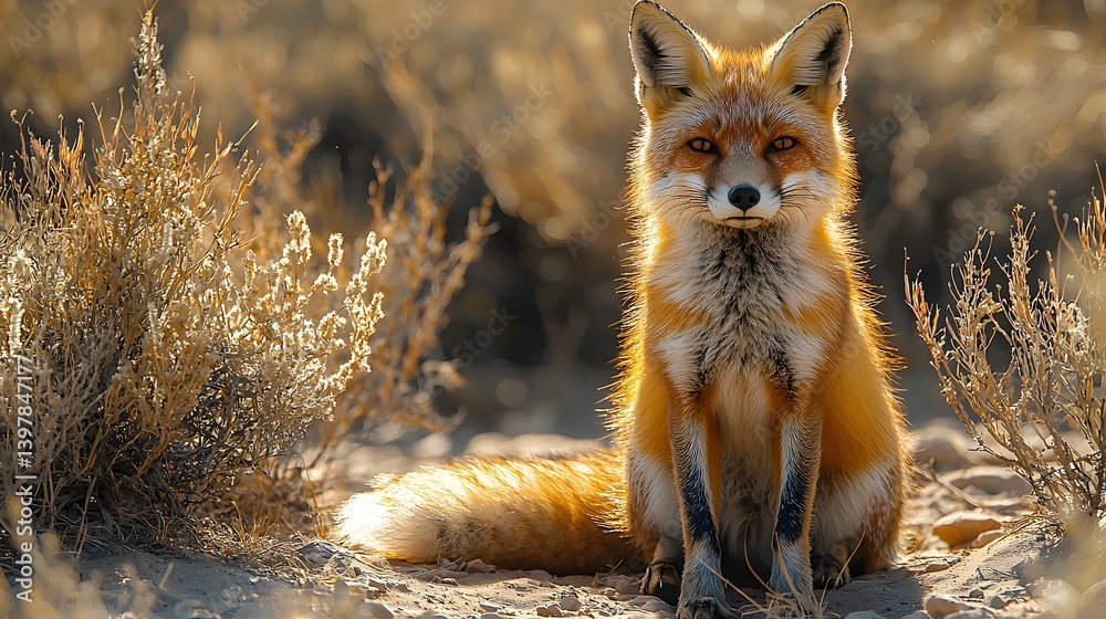 Fototapeta premium A desert fox sitting amidst the dry terrain its golden fur shining in the sunlight