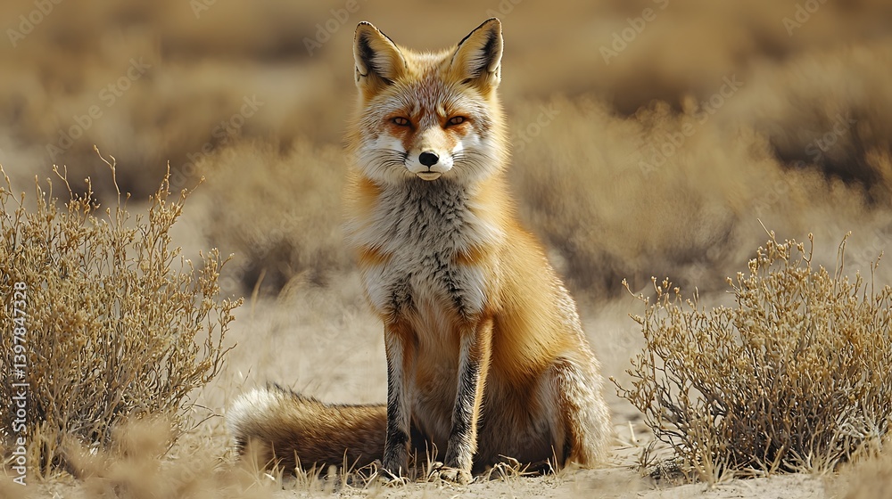 Fototapeta premium A desert fox sitting in the dry landscape
