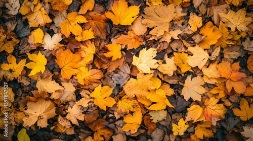 Autumn leaf pile with bright golden leaves scattered in the center