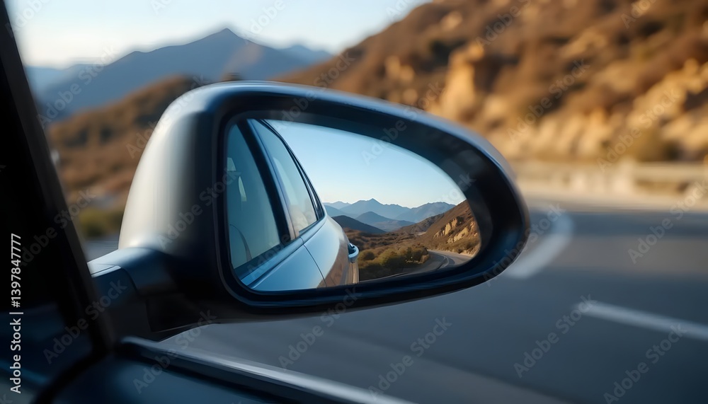 Driving Adventure Mountain Views Reflected in Car Side Mirror Perspective Driving Adventure Mountain Views Reflected in Car Side Mirror Perspective