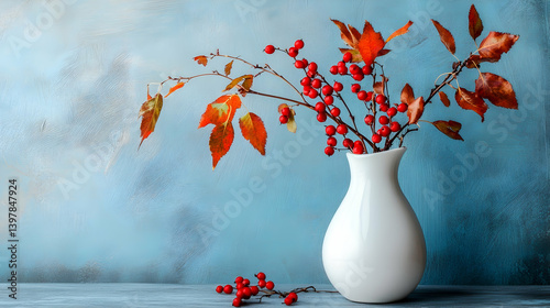 Autumn-themed still life with a white vase holding red berries and fall leaves set against a blue background