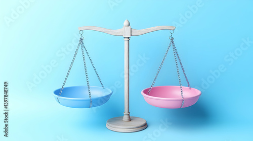 Balanced justice scales with pink and blue bowls representing gender equality and fairness