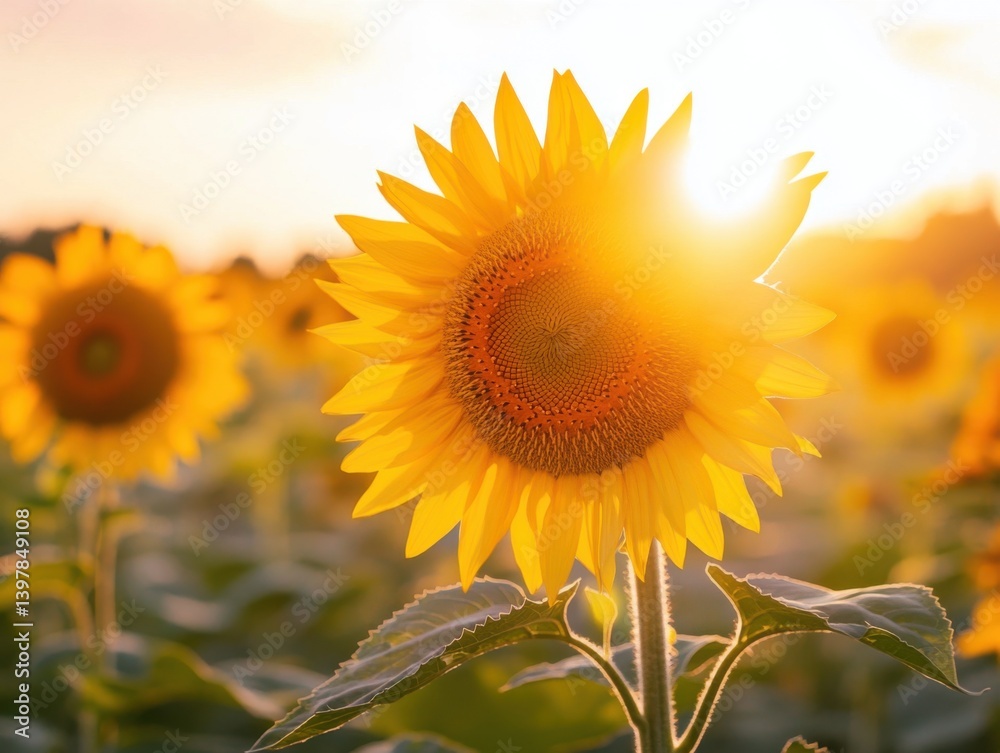 Obraz premium Sunflower field against a large yellow sun with vibrant colors and soft glow with negative space below