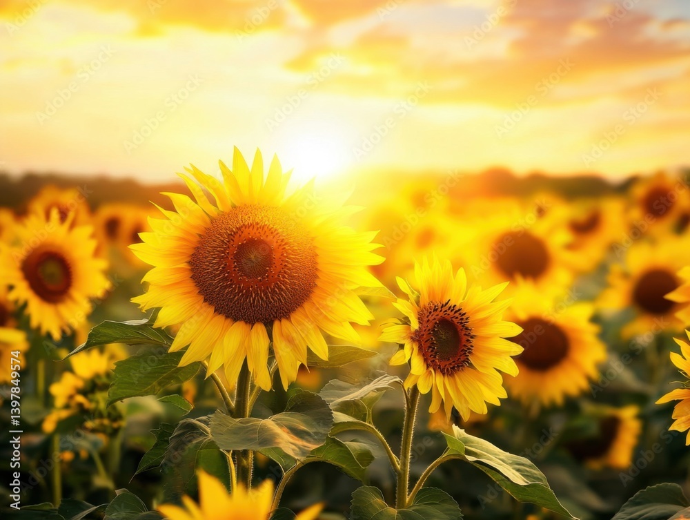 Fototapeta premium Sunflower field against a large yellow sun with vibrant colors and soft glow with negative space below