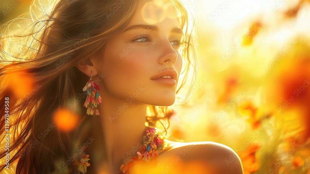 Fototapeta premium Sun-drenched field of wildflowers frames a woman with flowing hair and striking earrings. A moment of golden light and natural beauty