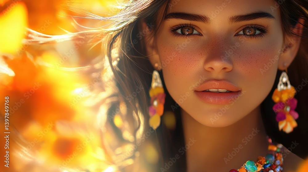 Fototapeta premium Golden sunset illuminates a woman's face as wind sweeps through her hair. Direct gaze, vibrant earrings, and blurred motion create a captivating moment
