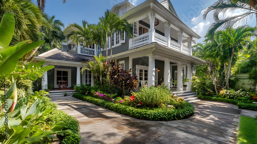 Beautiful house exterior with gray walls, white accents, and tropical garden