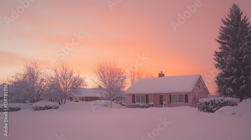 Beautiful suburban home surrounded by snow, with a soft pink and orange sunrise sky creating a peaceful atmosphere