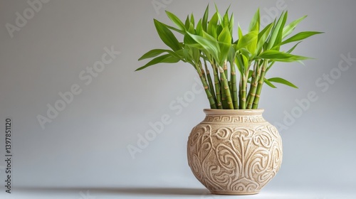 A custom-made lucky bamboo arrangement in a ceramic vase with intricate designs