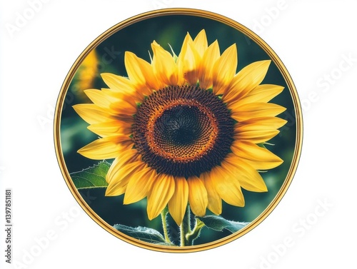 Sunflower in circular framing with golden hour lighting and text space