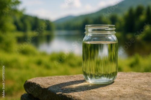 Clear Water Jar Placed on a Stone at a Serene Lake Surrounded by Green Hills ...