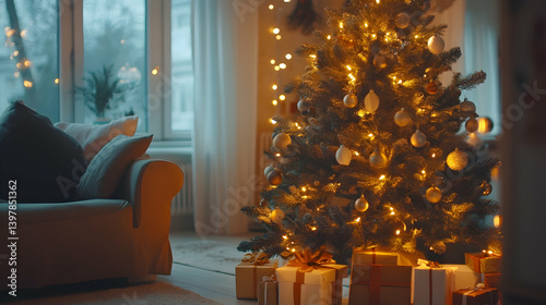Beautifully decorated Christmas tree with sparkling lights and gifts