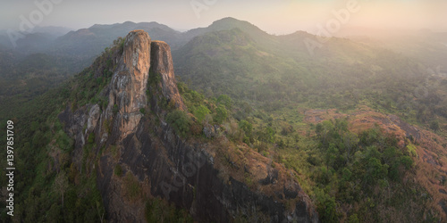 Aerial view of majestic mountain in serene african landscape with lush vegetation and cliffs, Montagnes, Ivory Coast.