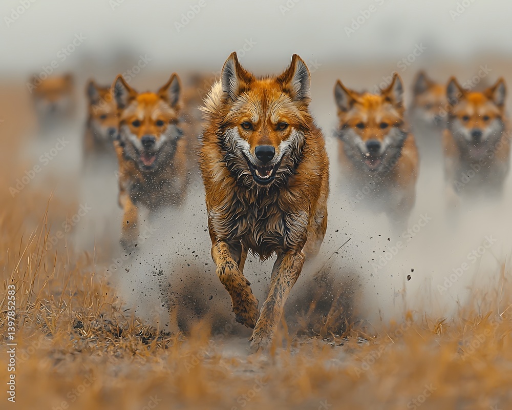Naklejka premium A pack of foxes hunting together across the savanna stirring up dust as they move