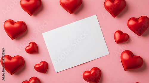 Blank greeting card surrounded by red heart decorations on a pink surface