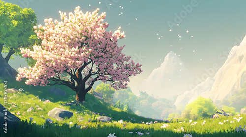 Blooming tree in a lush green summer landscape with a clear sky