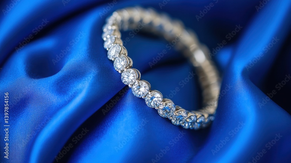 Minimalist flat lay of diamond bracelet on a cobalt blue satin fabric Minimalist flat lay of diamond bracelet on a cobalt blue satin fabric