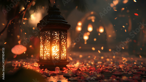 Bokeh-lit Ramadan lantern surrounded by soft lighting, creating a peaceful and festive environment