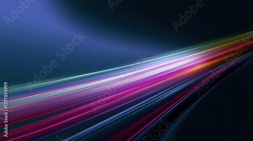 An abstract background with luminous lines and blurry lighting effects, a dark blue background with colorful stripes such as white, pink, etc., creates a sense of movement and visual contrast.