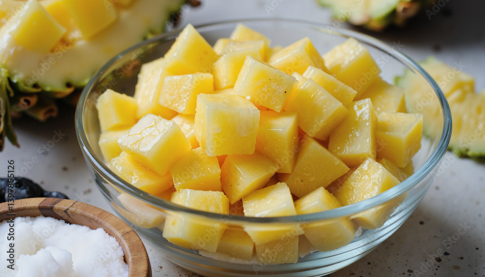 A glass bowl filled with freshly cut cubes of yellow cantaloupe, surrounded by a halved pineapple and a small bowl of white sugar on a speckled table A glass bowl filled with freshly cut cubes of yellow cantaloupe, surrounded by a halved pineapple and a small bowl of white sugar on a speckled table