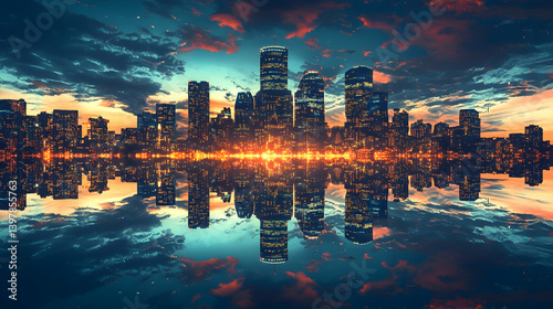 Boston skyline reflecting perfectly in calm waters at dusk, creating a symmetrical and enchanting scene